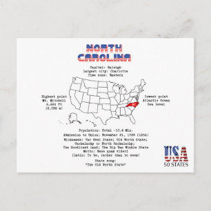 North Carolina American state on a map and details Holiday Postcard