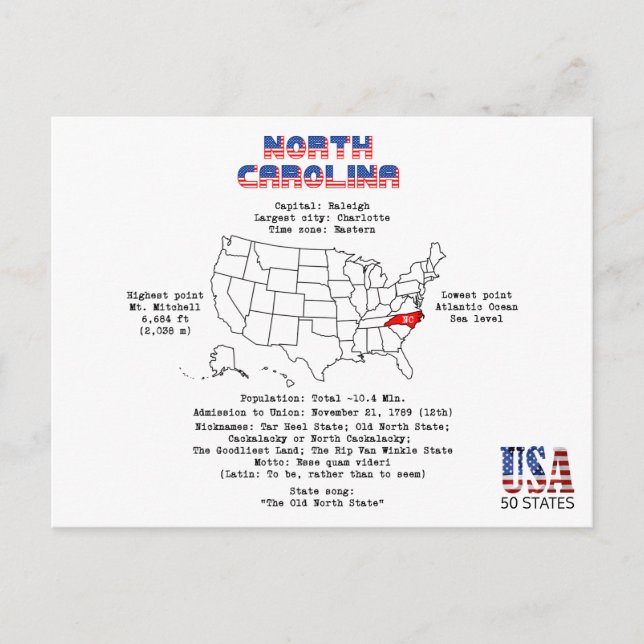 North Carolina American state on a map and details Holiday Postcard (Front)