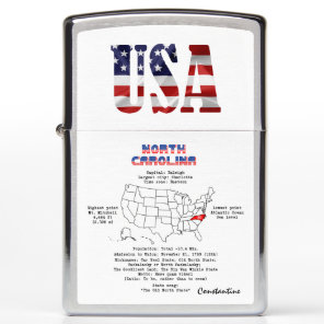 North Carolina American state on a map and details Zippo Lighter