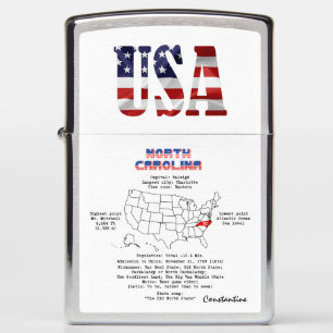 North Carolina American state on a map and details Zippo Lighter
