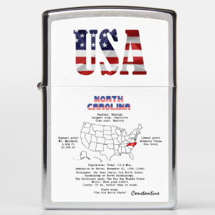 North Carolina American state on a map and details Zippo Lighter