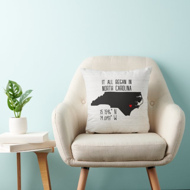 North Carolina GPS Coordinates with Heart Throw Pillow (Chair)