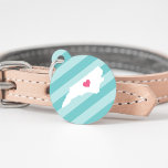 North Carolina Heart Pet ID Tag<br><div class="desc">Let your furry friend show some home state pride with this cute North Carolina pet ID tag. Design features a white silhouette map of the state of North Carolina with a pink heart inside, on a tone on tone turquoise stripe background. Add your pet's name and contact information to the...</div>