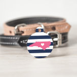 North Carolina Heart Pet ID Tag<br><div class="desc">Let your furry friend show some home state pride with this cute North Carolina pet ID tag. Design features a white silhouette map of the state of North Carolina in pink with a white heart inside, on a preppy navy blue and white stripe background. Add your pet's name and contact...</div>