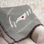 North Carolina Home State Personalized Throw Blanket<br><div class="desc">Show some home state pride with this cute rustic gray throw blanket featuring "home" in white calligraphy script lettering with a silhouette map of the state of North Carolina standing in for the letter "O." A red heart illustration inside the state map completes the design; you can change the position...</div>