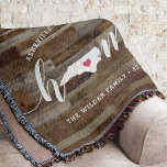 North Carolina Home State Personalized Wood Look Throw Blanket<br><div class="desc">Show some home state pride with this cute rustic faux wood plank throw blanket featuring "home" in white calligraphy script lettering with a silhouette map of the state of North Carolina standing in for the letter "O." A pink heart illustration inside the state map completes the design; you can change...</div>