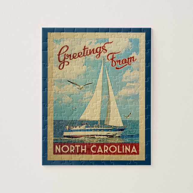 North Carolina Jigsaw Puzzle Sailboat Retro Travel (Vertical)