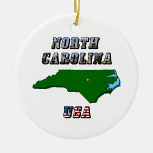 North Carolina Map Outline, Photo & US Flag Text Ceramic Ornament