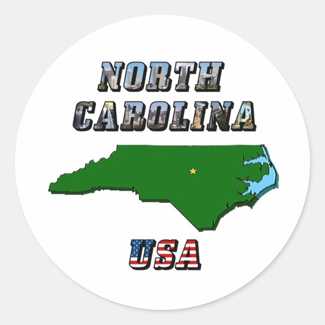 North Carolina Map Outline, Photo & US Flag Text  Classic Round Sticker (Front)