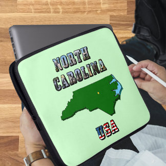 North Carolina Map Outline, Photo & US Flag Text Laptop Sleeve