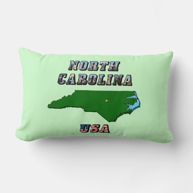 North Carolina Map Outline, Photo & US Flag Text  Lumbar Pillow (Front)
