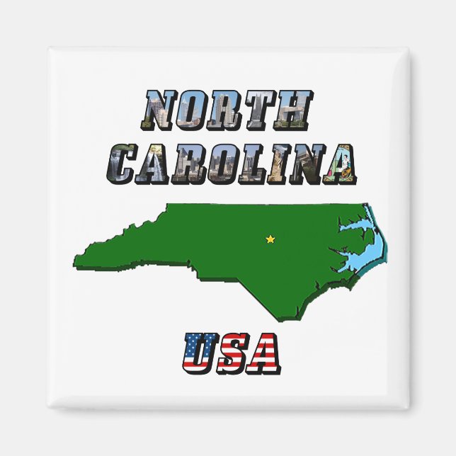 North Carolina Map Outline, Photo & US Flag Text  Magnet (Front)