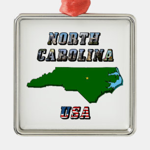 North Carolina Map Outline, Photo & US Flag Text Metal Ornament