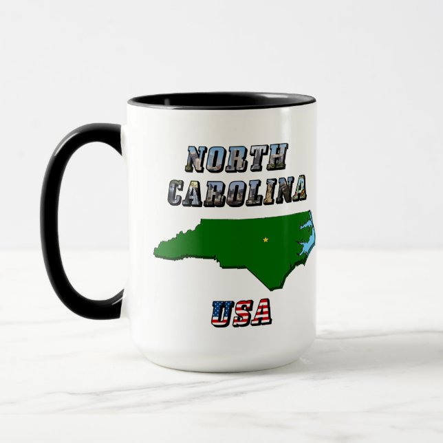 North Carolina Map Outline, Photo & US Flag Text  Mug (Left)