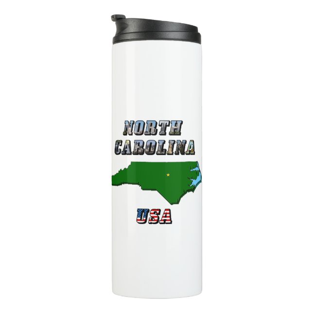 North Carolina Map Outline, Photo & US Flag Text  Thermal Tumbler (Rotated Right)