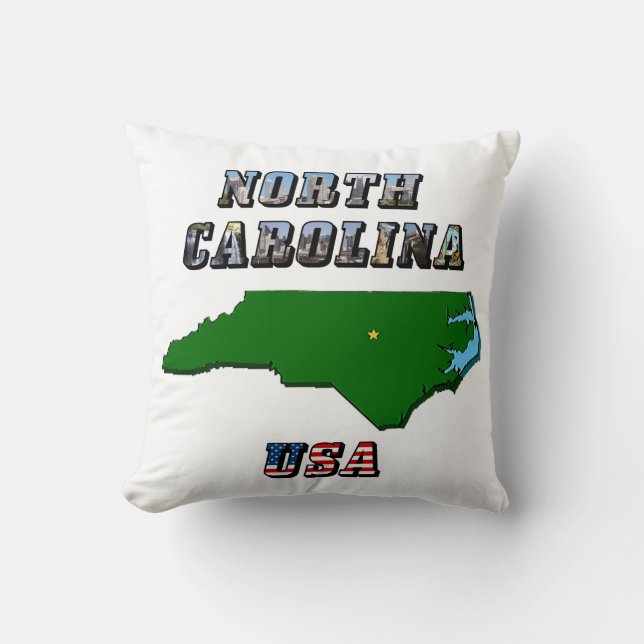 North Carolina Map Outline, Photo & US Flag Text  Throw Pillow (Front)