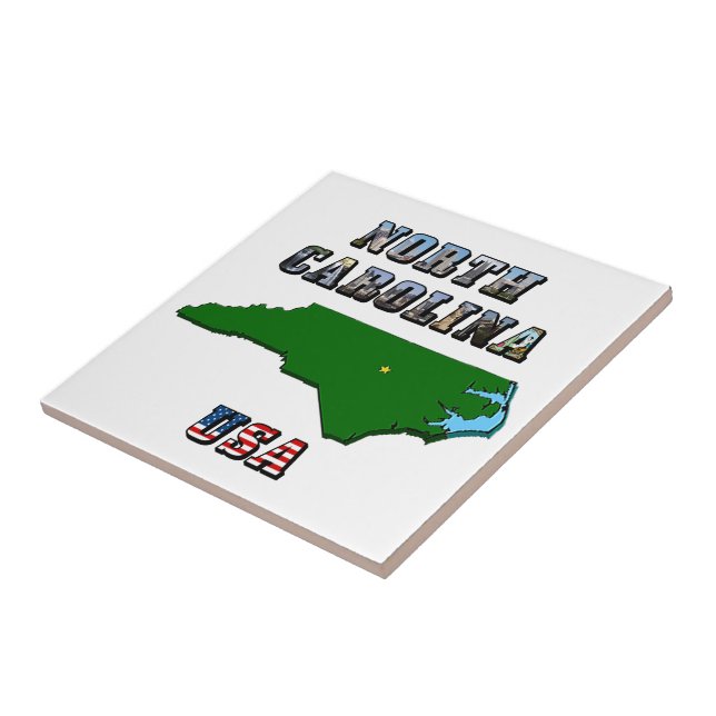 North Carolina Map Outline, Photo & US Flag Text  Tile (Side)