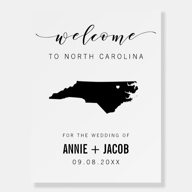 North Carolina Map Wedding Welcome Sign, Foam Board (Front)