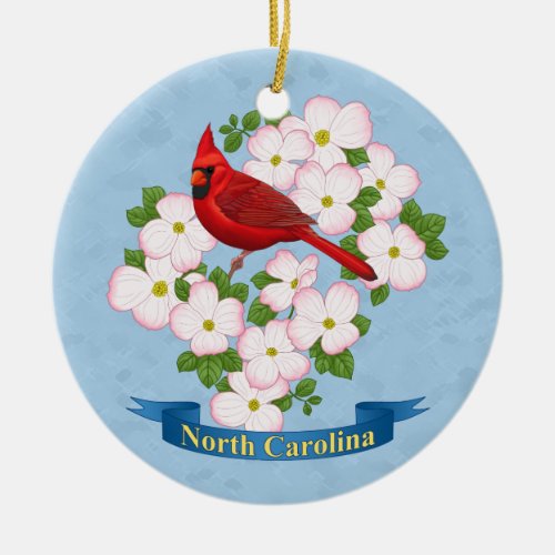 North Carolina State Cardinal Bird Dogwood Flower Ceramic Ornament