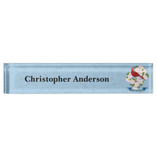 North Carolina State Cardinal Bird Dogwood Flower Desk Name Plate