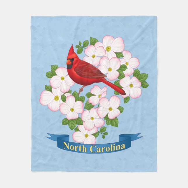 North Carolina State Cardinal Bird Dogwood Flower Fleece Blanket (Front)