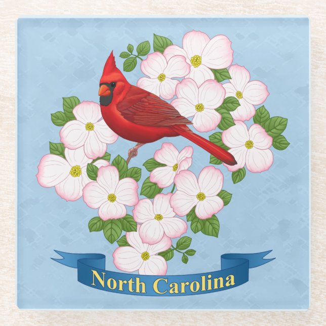 North Carolina State Cardinal Bird Dogwood Flower Glass Coaster (Front)