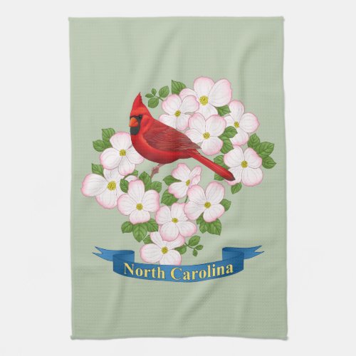 North Carolina State Cardinal Bird Dogwood Flower Kitchen Towel
