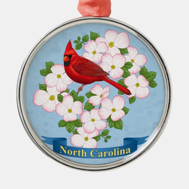 North Carolina State Cardinal Bird Dogwood Flower Metal Ornament (Front)