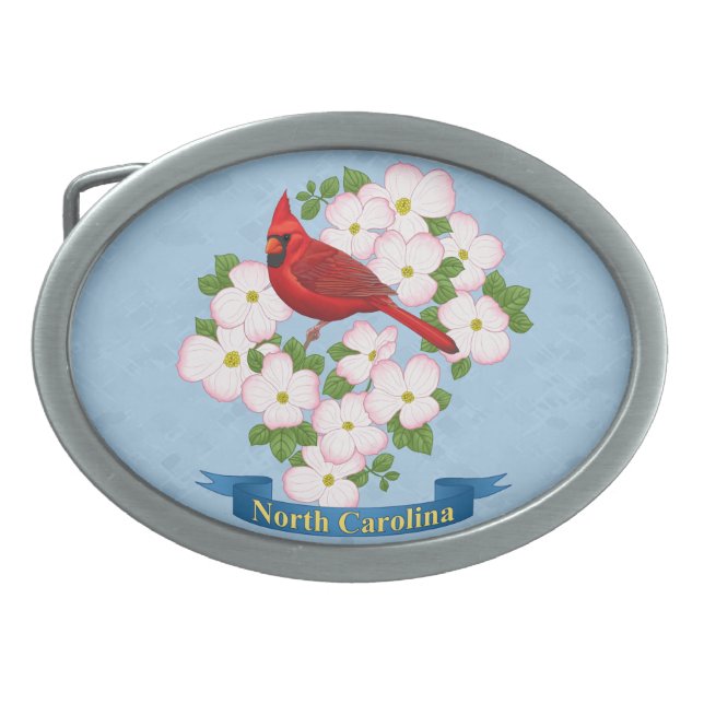 North Carolina State Cardinal Bird Dogwood Flower Oval Belt Buckle (Front)