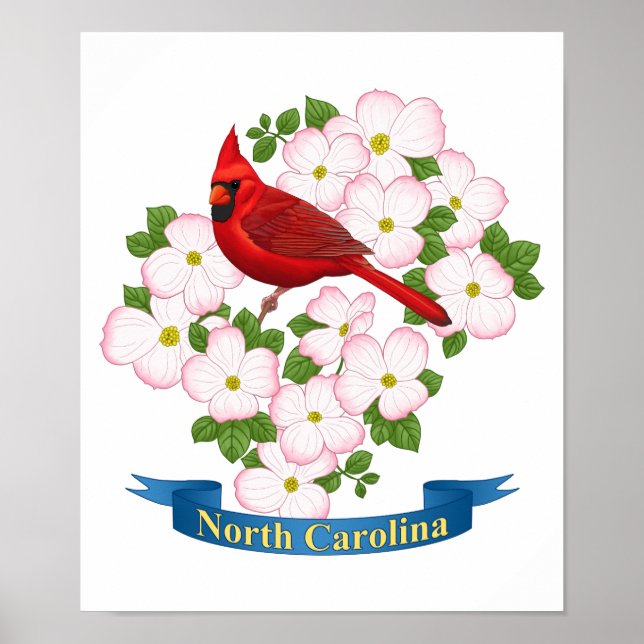 North Carolina State Cardinal Bird Dogwood Flower Poster (Front)