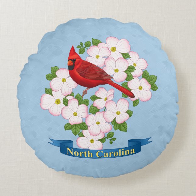 North Carolina State Cardinal Bird Dogwood Flower Round Pillow (Front)