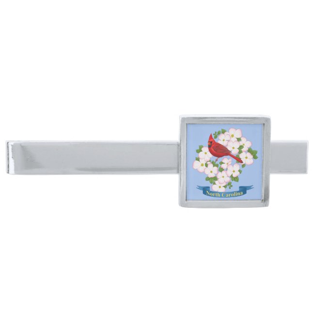 North Carolina State Cardinal Bird Dogwood Flower Silver Finish Tie Bar (Front)
