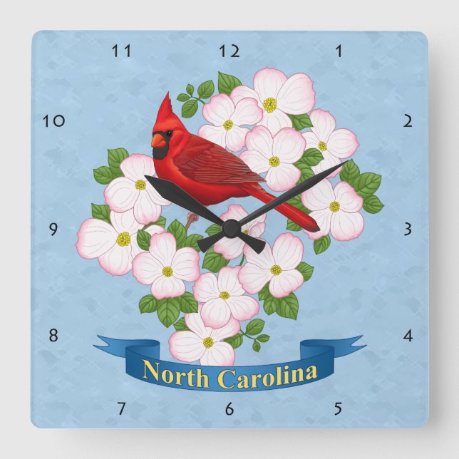 North Carolina State Cardinal Bird Dogwood Flower Square Wall Clock (Front)