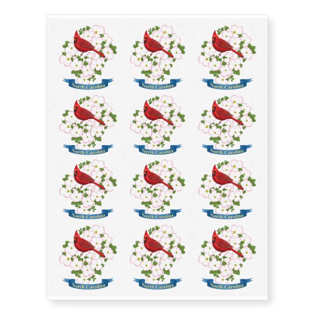 North Carolina State Cardinal Bird Dogwood Flower Temporary Tattoos (Front)