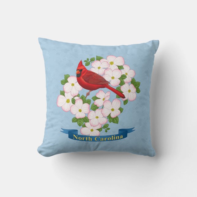 North Carolina State Cardinal Bird Dogwood Flower Throw Pillow (Front)
