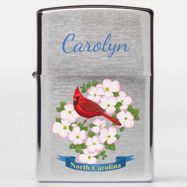 North Carolina State Cardinal Bird Dogwood Flower Zippo Lighter (Front)