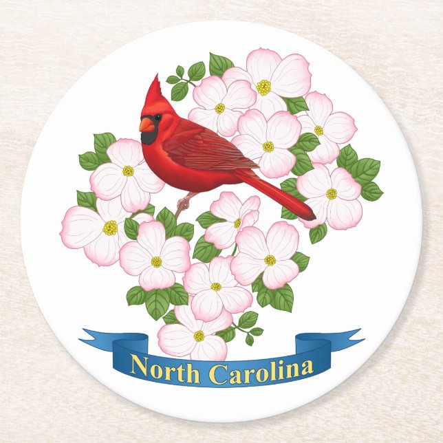 North Carolina State Cardinal & Dogwood Flower Round Paper Coaster (Front)
