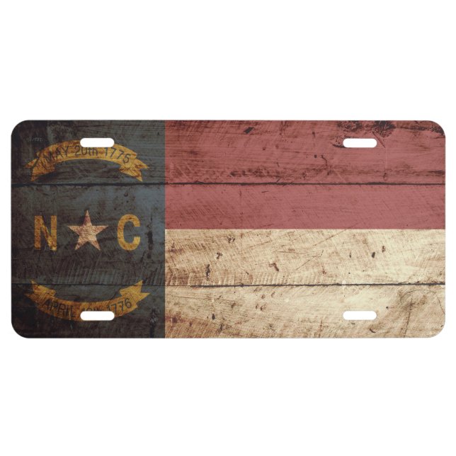 North Carolina State Flag on Old Wood Grain 1 License Plate (Front)