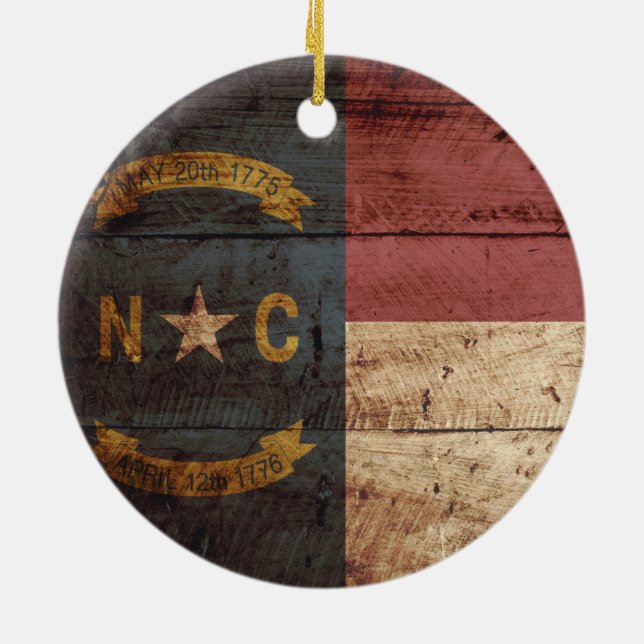 North Carolina State Flag on Old Wood Grain Ceramic Ornament (Back)