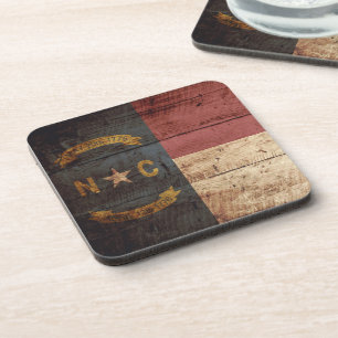 North Carolina State Flag on Old Wood Grain Drink Coaster