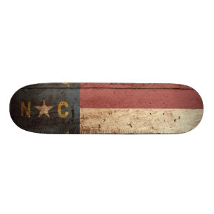 North Carolina State Flag on Old Wood Grain Skateboard Deck