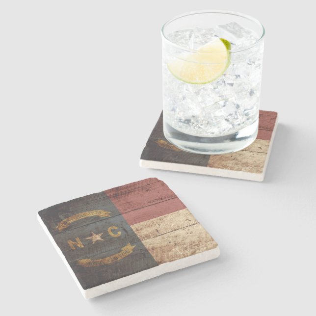 North Carolina State Flag on Old Wood Grain Stone Coaster (Side)