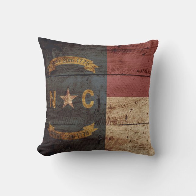 North Carolina State Flag on Old Wood Grain Throw Pillow (Front)