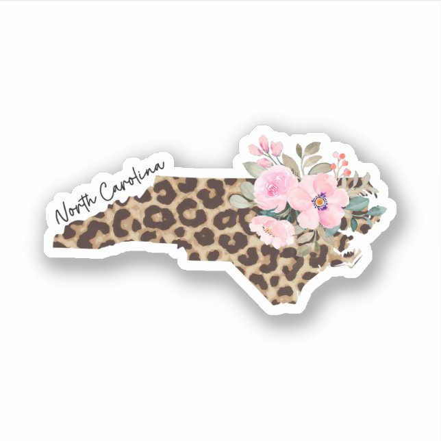 North Carolina State Leopard Print With Flowers Sticker (Front)