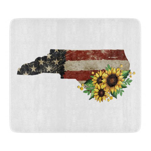 North Carolina State Map US Flag Sunflower Glass Cutting Board