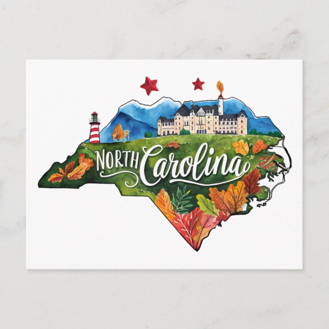 North Carolina USA State Shaped Vintage Watercolor Postcard (Front)