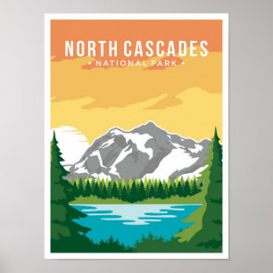 North Cascades Art Vintage Travel Illustration Poster