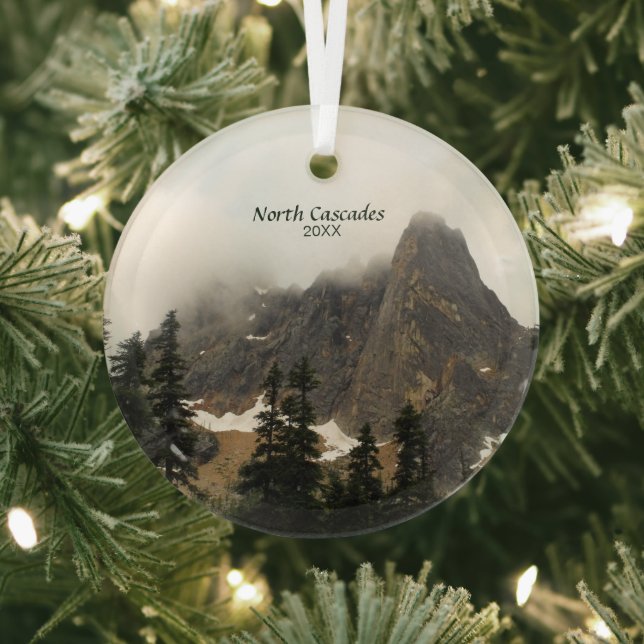 North Cascades Fog over Mountain Photo Glass Ornament (Insitu)