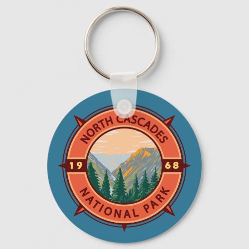 North Cascades National Park Retro Compass Emblem  Keychain