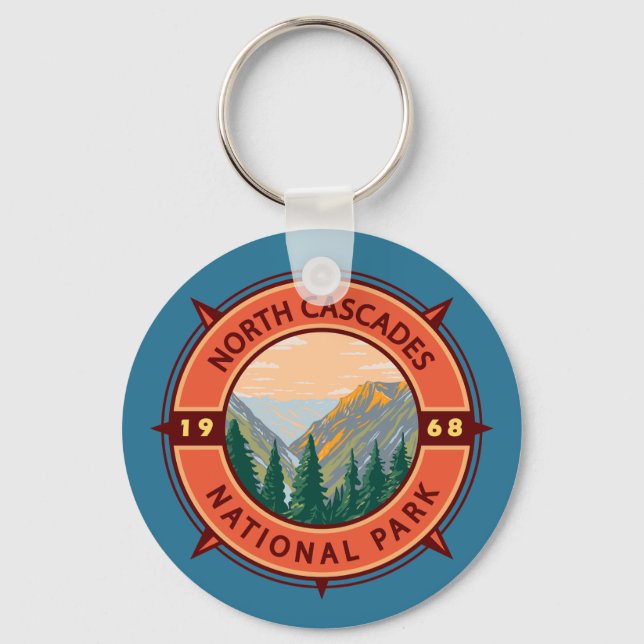 North Cascades National Park Retro Compass Emblem  Keychain (Front)